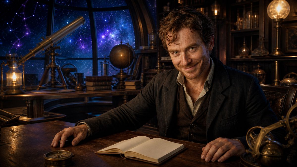 AI-assisted cinematic landscape portrait of fictional character Cillian O'Sullivan at an observatory console, glancing toward the viewer against an indigo star field and warm brass instruments.