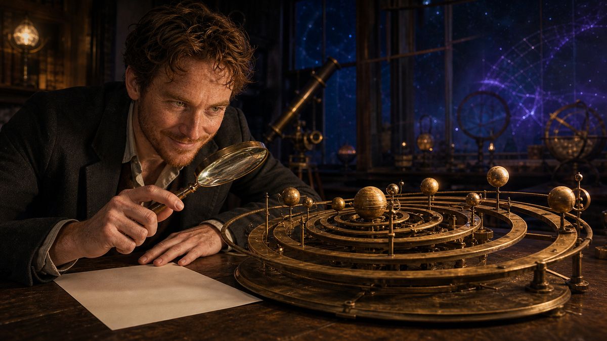 AI-assisted cinematic side view of fictional Cillian examining a brass orrery and anonymous study pages as orbital rings progress across a wide indigo observatory.