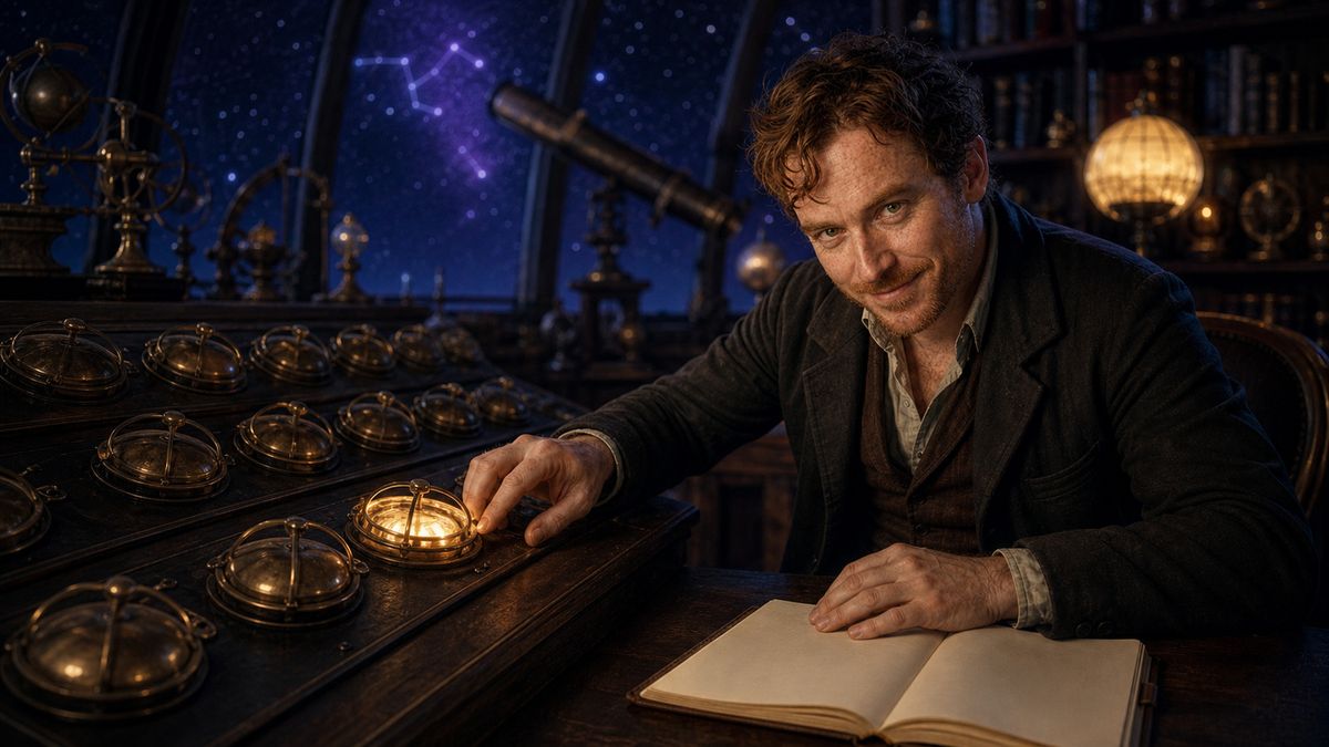 AI-assisted wide side view of fictional Cillian at a long observatory instrument panel where one brass control glows and the remaining controls stay dark.