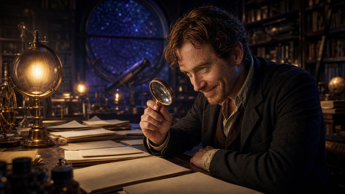 AI-assisted wide research-library scene in which a corridor of anonymous papers leads toward fictional Cillian's inspection desk.