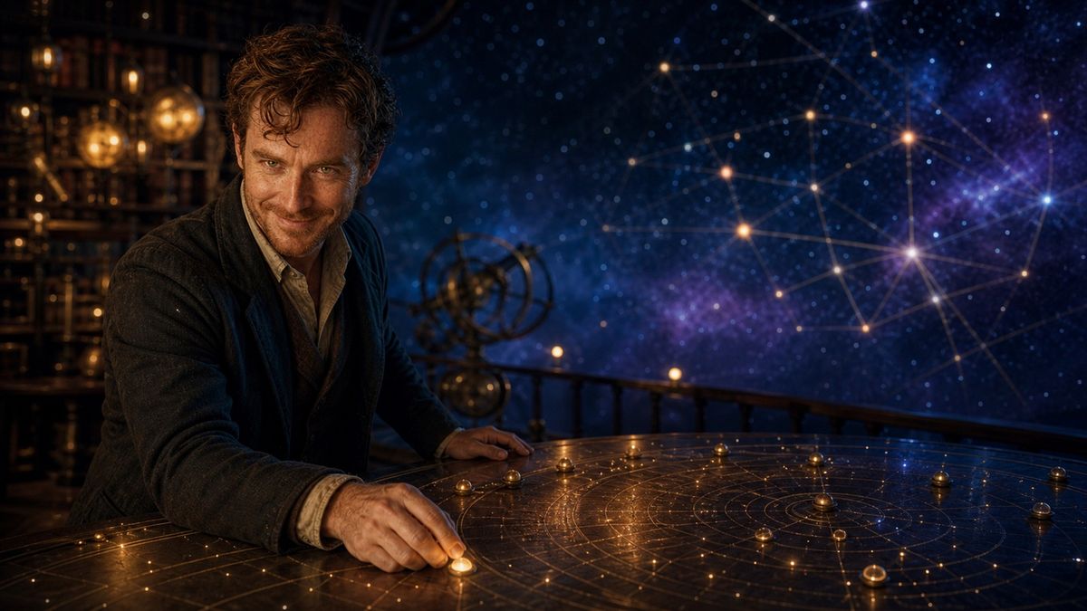 AI-assisted cinematic landscape of fictional Cillian at one side of a sweeping brass celestial map, placing a glowing route marker beneath an open indigo star field.