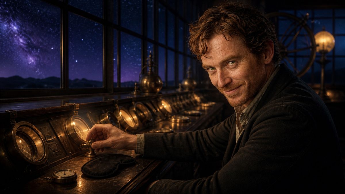 AI-assisted panoramic view of fictional Cillian placing a cosmic observatory cockpit into quiet mode beneath a star-filled window, with a sleep mask on the console.